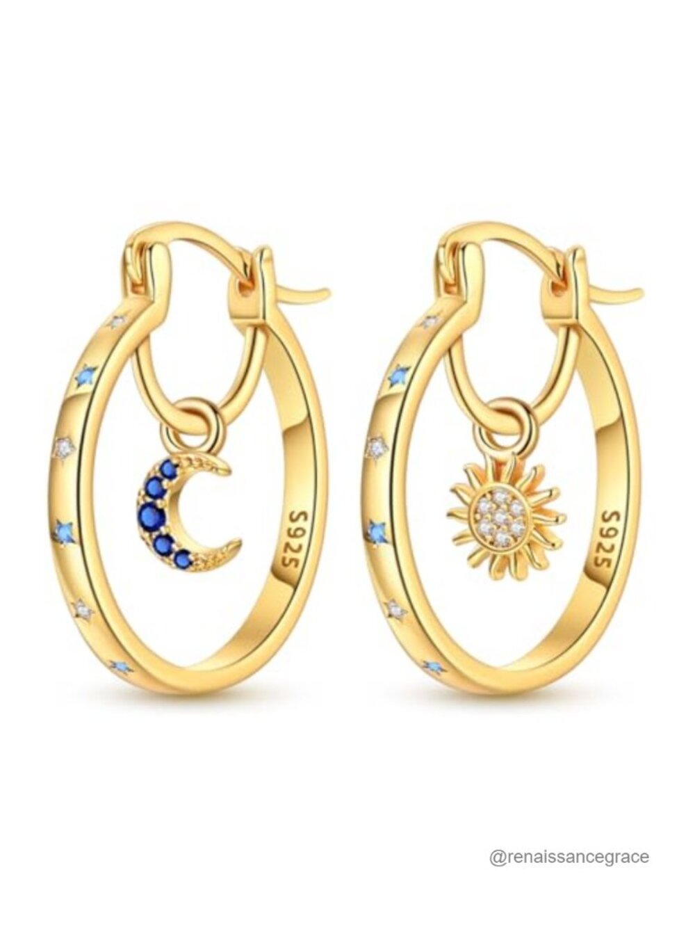 14K Gold Plated Star Moon Sun Hoop Earrings for Women 925 Sterling Silver